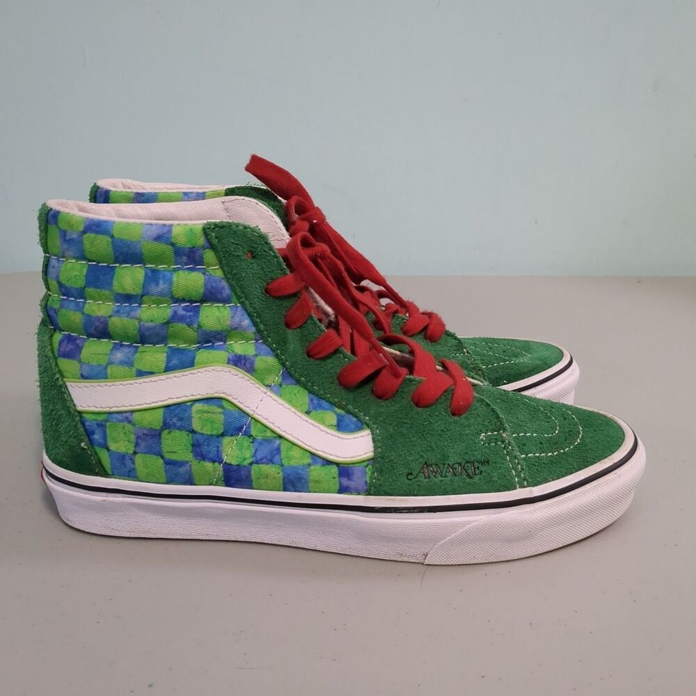 Vans Sk8-Hi Awake New York Green High Top Suede Checker Skate shoes Mens 8.5